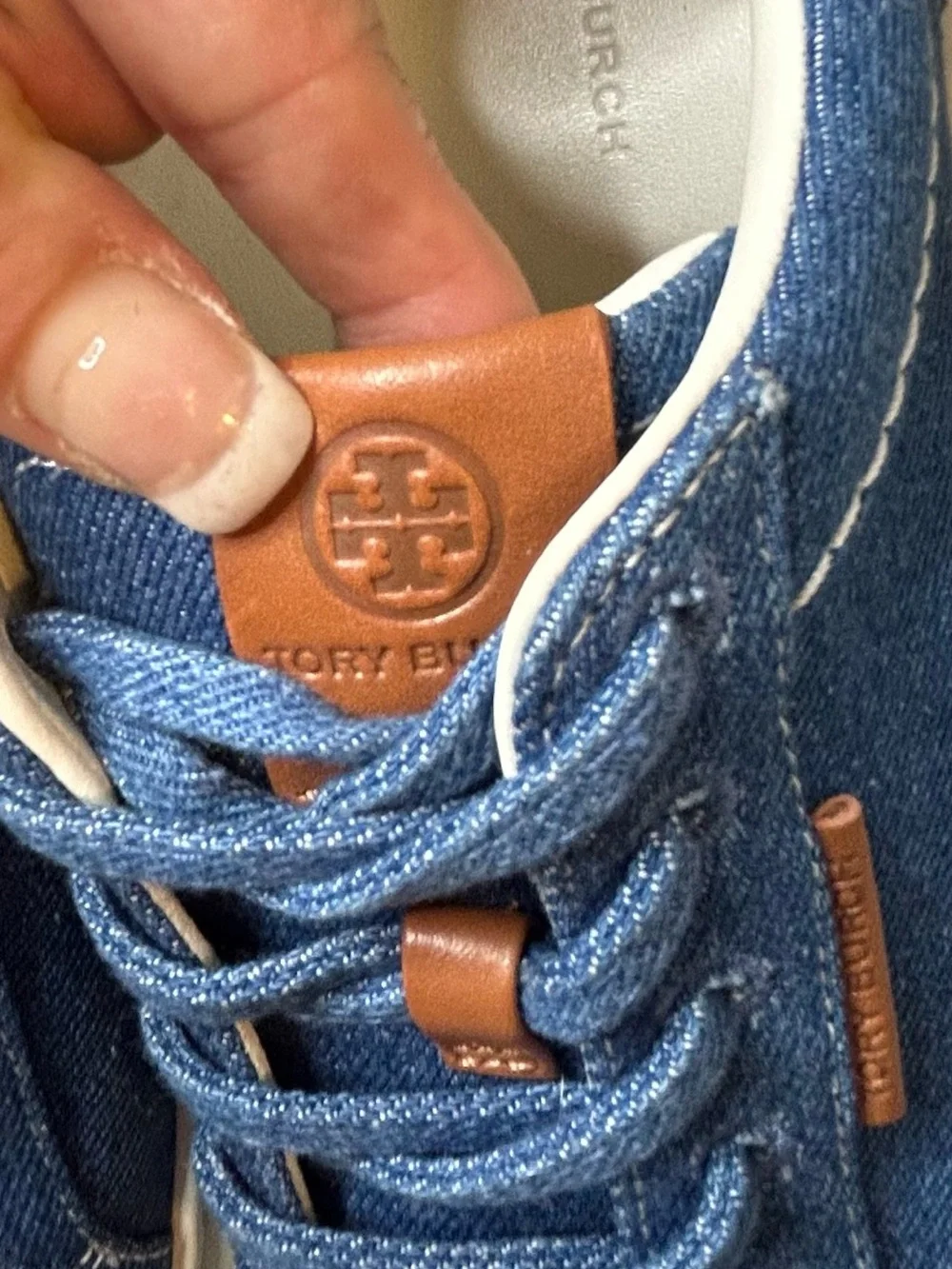 Sz 7.5 Tory Burch Ladybug Denim Leather Sneakers in “Azul”